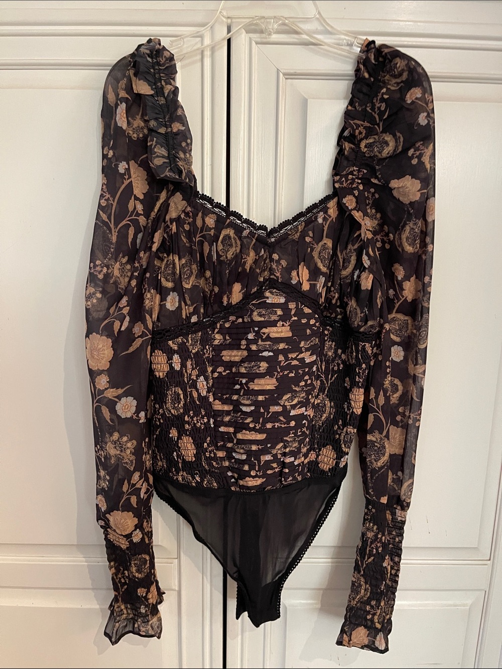 Free People Black and Tan Floral Sheer Long-Sleeve Bodysuit